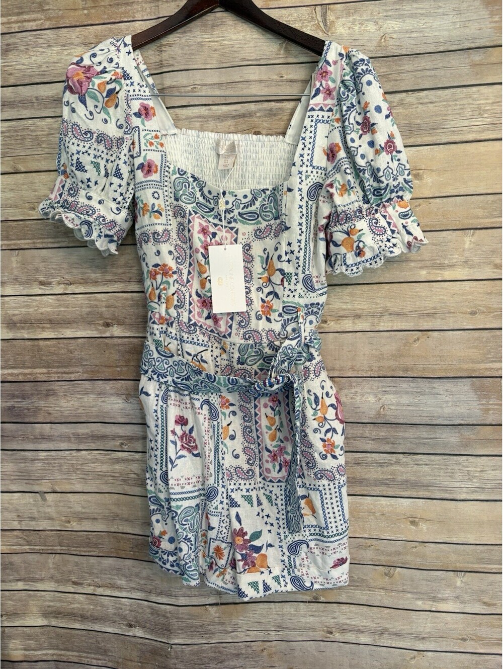 Caroline Constas Linen Blend Embroidered Print Floral Romper Size Small